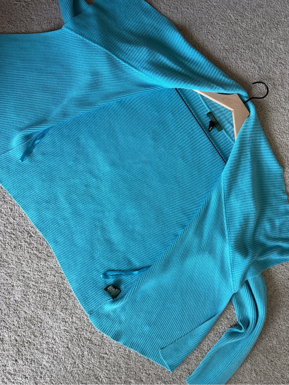 Lauren Ralph Lauren Turquoise Blue Ribbed Cardigan Open Front Sweater L Viscose - Picture 8 of 8